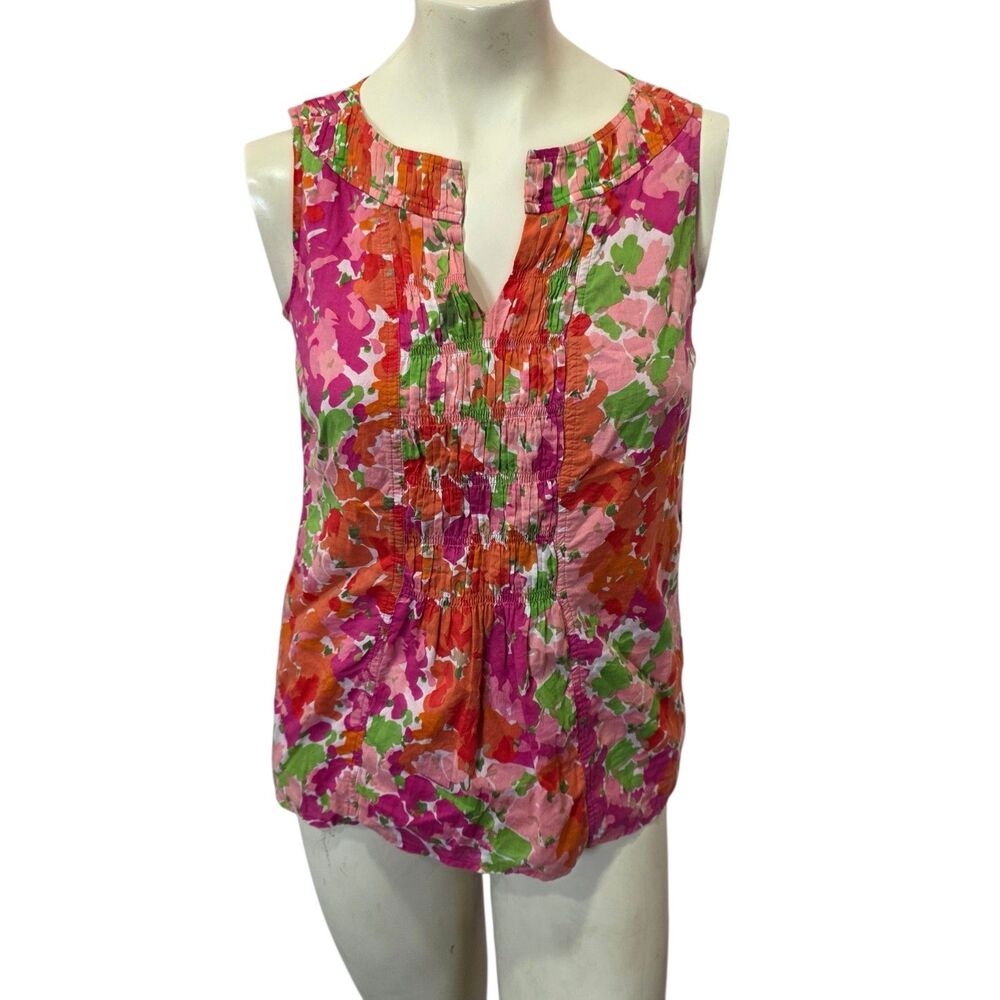 Talbots Floral Sleeveless Cotton Blouse Pink Orange Green Size 2 Petite Top
